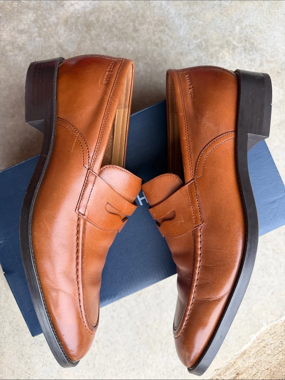 Cole Haan Brown Leather Penny Loafers with Navy & Yellow Insole - Picture 2 of 5